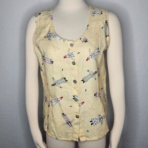 Flax 100% Linen Tank Top Whimsical Print Button Front Art To Wear Yellow Medium